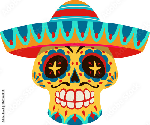 Day of the Dead party wearing sombrero yellow calavera sugar skull. Dia de Los Muertos carnival calavera sugar skull, Day of the Dead vector death face, ornate skeleton head with mariachi musician hat