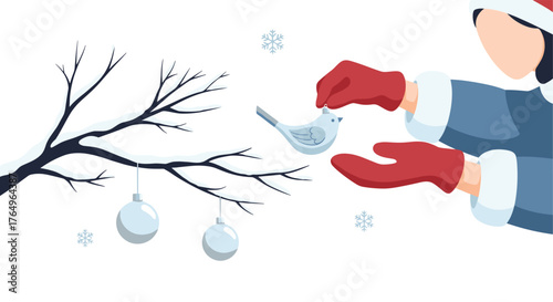 Joyful winter scene capturing the heartwarming moment of decorating a snow dusted tree with delicate ornaments and a charming bird figurine, evoking festive holiday spirit and cozy season vibes