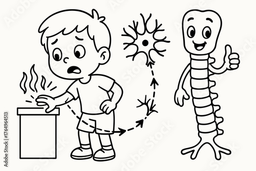 Reflex Action Coloring Page. Reflex action children?s coloring book illustration, outlined drawing, a cartoon kid touching something warm while a neuron signal
