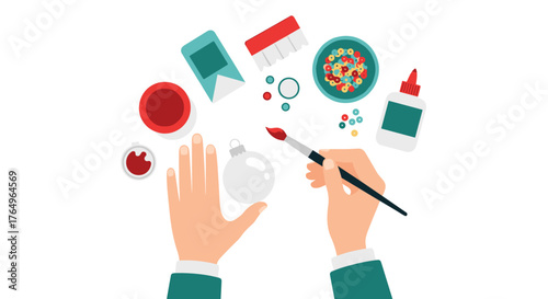 Hands actively crafting personalized ornaments with paint, glue, and colorful embellishments for a festive DIY holiday season, creating unique decorations.