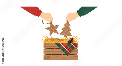 Hands prepare rustic wooden Christmas ornaments, a star and tree, for festive decoration over a cozy hay filled crate adorned with a plaid cloth and pinecone, evoking warm holiday spirit.