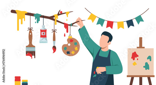 Artist creating vibrant masterpiece with colorful paints and brushes, sparking joy and creativity in a modern, artistic studio setting, perfect for inspiration and creative projects