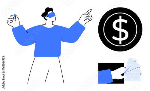 Man wearing a VR headset pointing and gesturing, dollar sign coin, hand holding bills. Ideal for finance, virtual reality, fintech, innovation, digital currency, cashless economy technology themes