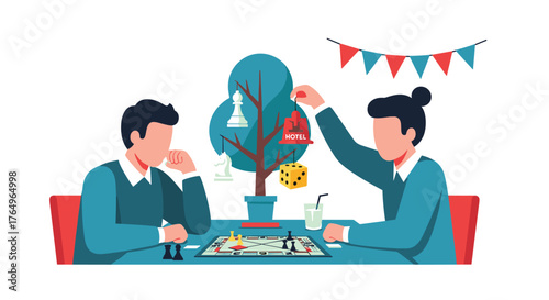 Two friends strategizing during a thrilling board game session, contemplating their next move with playful anticipation and a touch of friendly competition.