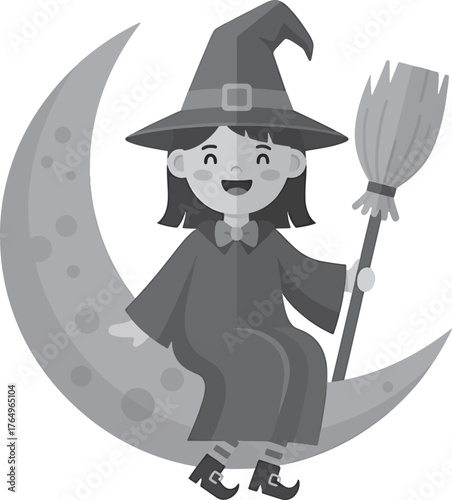 Whimsical Witch on Crescent Moon: A cheerful witch, complete with her pointy hat and broom, sits serenely on a crescent moon, embodying the playful spirit of Halloween.