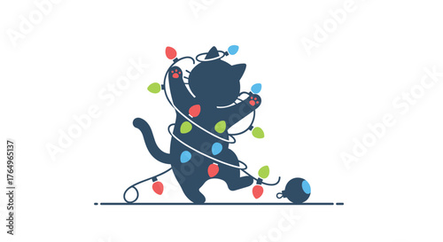 Playful dark blue cat tangled in colorful festive Christmas lights, capturing a moment of holiday chaos and festive fun, perfect for seasonal greetings and decor concepts