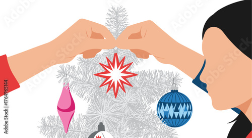 Joyful hands delicately place festive ornaments, bringing warm holiday cheer to a beautifully decorated Christmas tree, creating a heartwarming scene of seasonal celebration and family togetherness.
