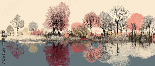 A beleza serena de árvores refletidas em um lago tranquilo, criando uma paisagem de cores suaves e harmonia natural.