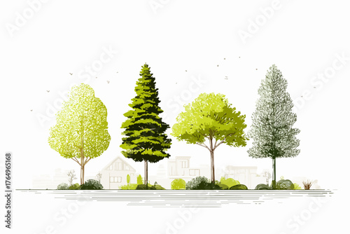 Ilustração vetorial de árvores em diferentes estilos e cores, com uma casa ao fundo, representando a natureza.