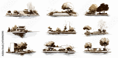 Desenhos de paisagens aquáticas com árvores e edifícios em estilo minimalista, transmitindo tranquilidade e serenidade.