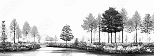 Desenho em preto e branco de uma paisagem serena com árvores e um rio calmo, criando uma atmosfera tranquila e natural.