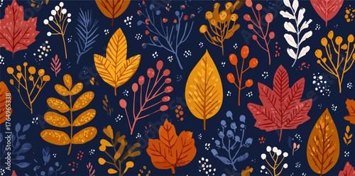 Ilustração floral vibrante com folhas de outono em tons de laranja, vermelho e amarelo, em um fundo azul escuro, ideal para design.