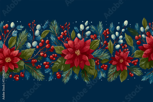 Uma vibrante e festiva borda floral natalina com flores vermelhas, pinhas e bagas em um fundo azul escuro, ideal para decorações.