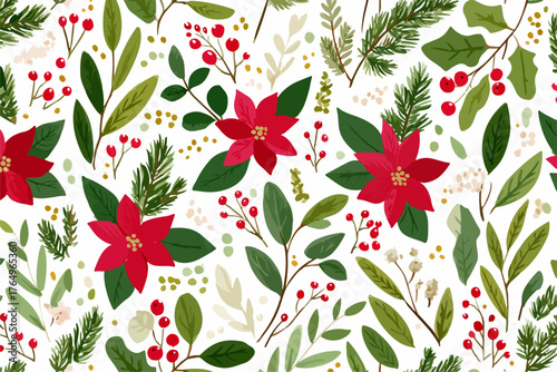 Ilustração floral festiva de Natal com flores de poinsétia vermelhas, bagas, folhas verdes e ramos de pinheiro sobre um fundo branco.