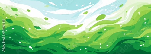 A vibrante ilustração abstrata apresenta um campo verdejante e ondulante sob um céu azul claro, evocando uma sensação de calma e renovação.