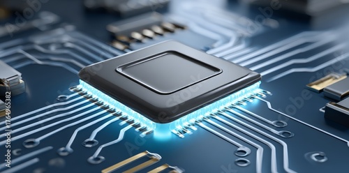 A microprocessor, encircled by a variety of circuit components on a circuit board, is presented in meticulous detail, with glowing lights underscoring the complex connections, serving as a testament