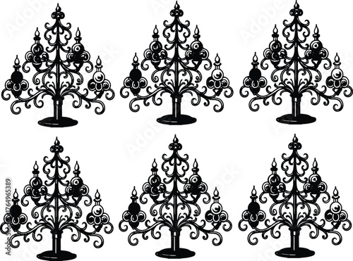 Six black and white ornate Christmas tree candelabras Keywords: christmas, candelabra, tree