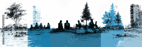 Uma composição artística que retrata a interação entre natureza e civilização, com pessoas contemplando a paisagem em tons de azul e cinza.