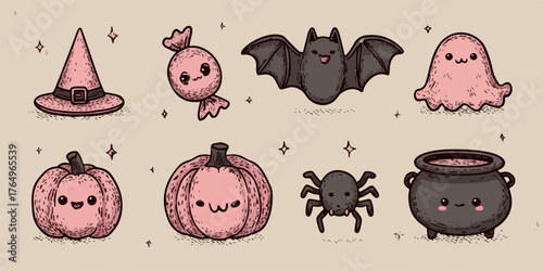 Ilustração fofa de elementos de Halloween, incluindo abóboras, morcego, fantasma, bruxa, doce e caldeirão, em um estilo de desenho animado.