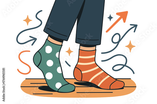 Colorful Mismatched Socks. Socks. Person wearing mismatched colorful socks standing on wooden floor with abstract floating lines, arrows, and sparkles; conveys