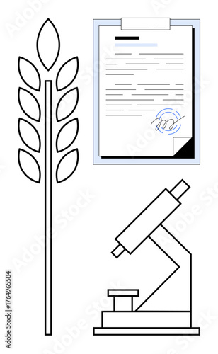 Wheat stalk, scientific microscope, and signed document highlight themes of research, biotechnology, and legal agreements. Ideal for agriculture, science, patents, policy food safety innovation