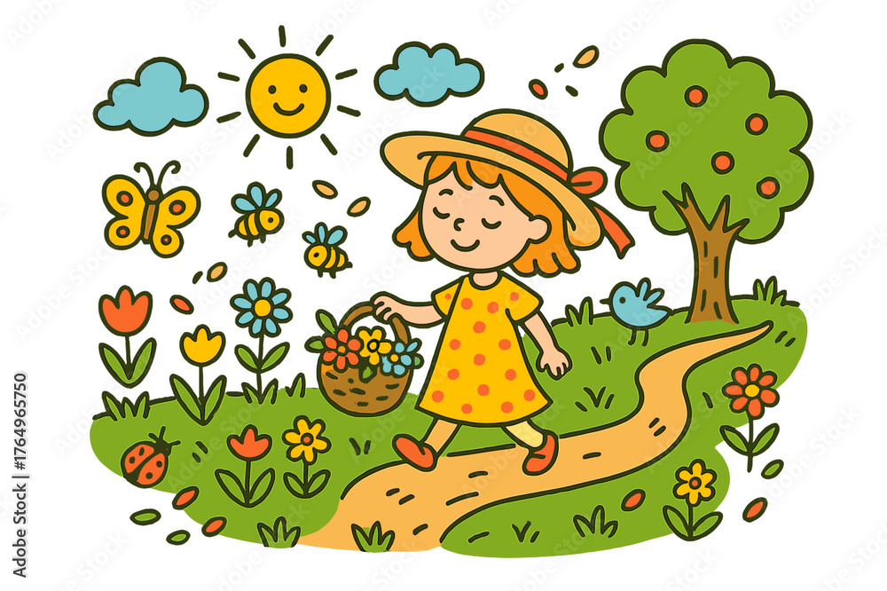 Naklejka premium Meadow Stroll Delight. meadow stroll. Colorful Hand-drawn doodle Children illustration meadow stroll girl, basket, flowers, grass, sun, butterfly, tree, bees,