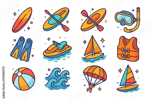 Summer Water Activities. Summer water fun. Colorful isometric vector icons set of summer water fun: surfboard, paddleboard, kayak, snorkeling mask, diving