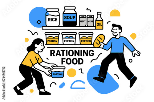 Organized Food Rationing. Rationing Food. Pantry with food items labeled and divided into portions with floating abstract geometric shapes, organized and