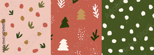 Conjunto de padrões sem costura com elementos de Natal e design abstrato, ideal para fundos e decorações festivas.