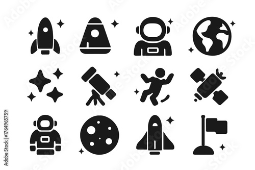 Suborbital Flight Icons. Suborbital Flight. Solid icons set of Suborbital Flight: rocket, space capsule, astronaut, Earth, stars, telescope, zero gravity icon,