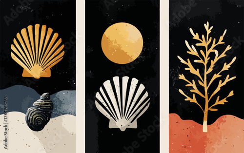 Conjunto de ilustrações abstratas com conchas marinhas, sol e algas em design gráfico minimalista e elegante, ideal para decoração.