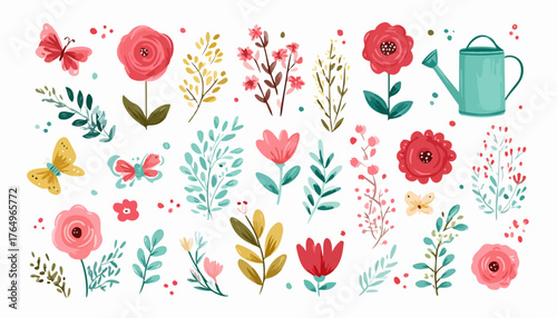 Ilustração vetorial de um conjunto de flores, borboletas e um regador, ideal para projetos de primavera e design floral.