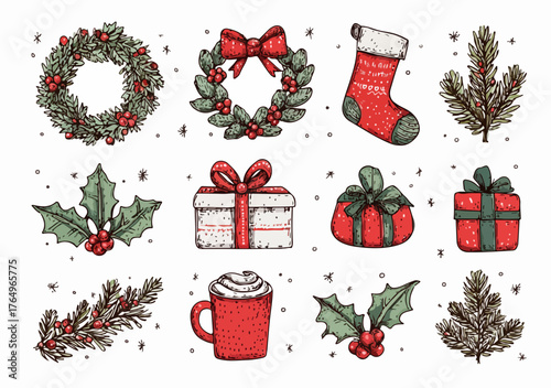 Conjunto de ilustrações desenhadas à mão com elementos de Natal, incluindo azevinho, grinaldas, presentes e decorações festivas.