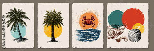 Ilustrações vintage de elementos tropicais e marinhos, incluindo palmeiras, caranguejo, conchas e sol, em um estilo retrô.