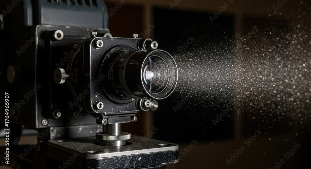 Fototapeta premium Vintage Film Projector Illuminating Dust Particles in a Dark Room.