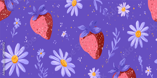 Um padrão vibrante e encantador com morangos e margaridas em um fundo roxo, perfeito para design e decoração.
