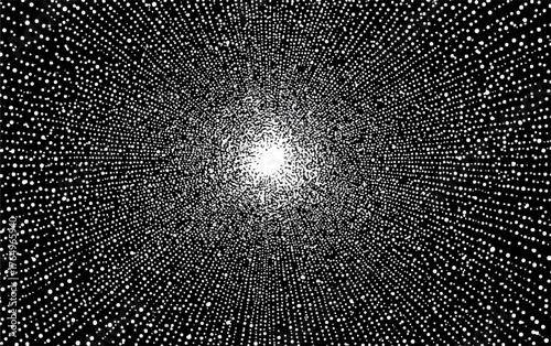 Uma representação abstrata e hipnótica de um túnel de luz, com pontos brancos brilhantes em um fundo escuro, criando uma sensação de movimento e profundidade.