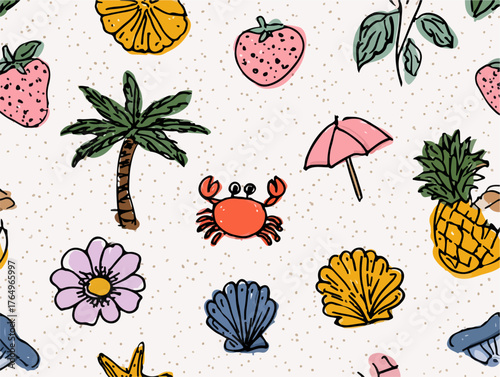 Ilustração vibrante e colorida de elementos tropicais e de verão, como frutas, palmeiras, guarda-chuva e conchas, ideal para estampas e design.