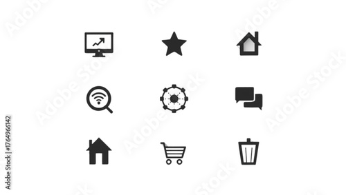 Collection of nine modern flat design icons on a black background