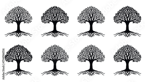 Eight stylized trees with intricate roots on a black background
