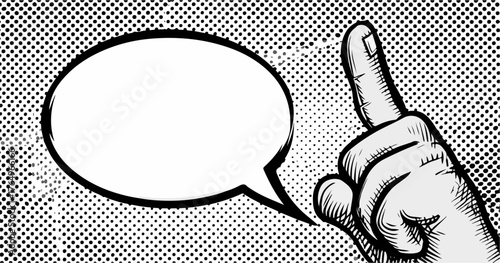 Uma mão com o dedo indicador apontado para cima, ao lado de um balão de fala vazio, em estilo de história em quadrinhos.