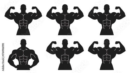 Six silhouettes of muscular men showing different poses