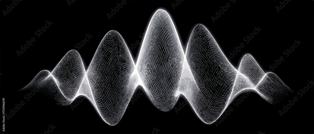 Imagem abstrata de ondas luminosas brancas em um fundo preto, representando movimento e energia em um conceito visual.