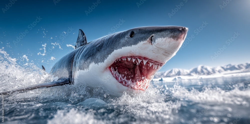 Fototapeta premium A breathtaking underwater scene unfolds in a stunning icy landscape, as a powerful creature, its mouth wide open, chases a smaller fish through the bright blue water, which contrasts sharply with the