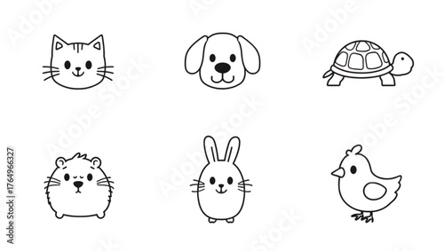 Cute cartoon outline drawings of six different animals on a black background