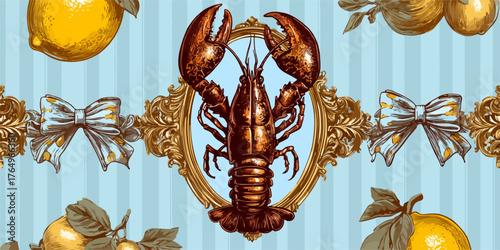 Ilustração de lagosta emoldurada com frutas e laços decorativos sobre fundo listrado azul, design elegante e detalhado.