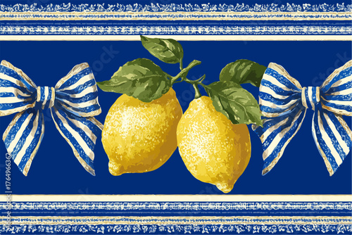 Ilustração vetorial de limões amarelos maduros com folhas verdes e laços azuis em um fundo azul escuro, design gráfico.