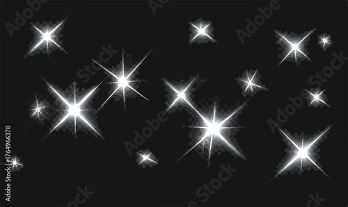 Ilustração vetorial de estrelas brancas brilhantes em fundo preto, ideal para design gráfico e decoração de projetos digitais.