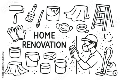 Home Renovation Doodles. Home Renovation. Hand-drawn doodle illustration Home Renovation person sanding, wall, sandpaper, roller, brush, paint can, ladder,