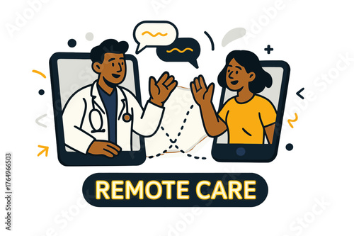 Telemedicine Connection. Healthcare Tech ? Telemedicine. A doctor and patient appear on two screens joined by dotted connection lines; speech bubbles pulse